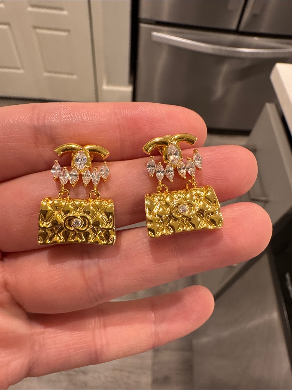 Gold Tone Sparkling CZ Quilted Purse Dangle Earrings